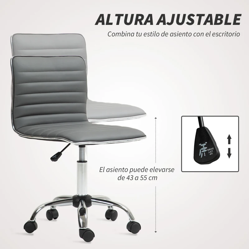 HOMCOM Silla de Escritorio sin Brazos Giratoria con Altura Ajustable Silla para Estudio Tapizada en PU Carga 120 kg Gris Oscuro