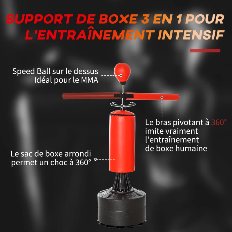HOMCOM Sac de frappe sur pieds punching ball brunier 3 en 1 avec ballon de vitesse bras flexible rotatif hauteur réglable revêtement synthétique base HDPE dim. 88L x 48l x 155-205H cm noir rouge