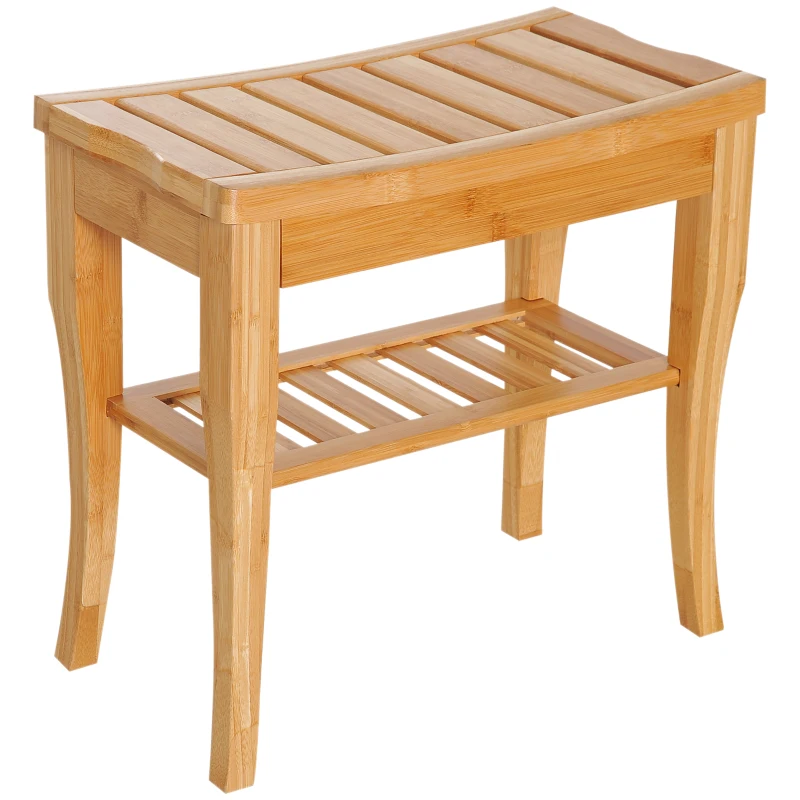 HOMCOM Taburete de Baño de Bambú con Estante Banco de Baño Impermeable y Robusta para Salón SPA 47,5x26x44,5 cm Natural
