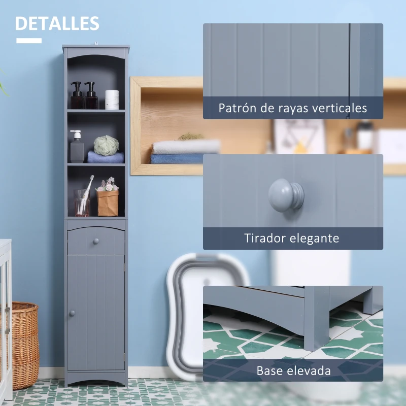 HOMCOM Armario Alto de Baño Estrecho con 1 Cajón y 3 Estantes Abiertos Estilo Moderno 34x24x170 cm Gris