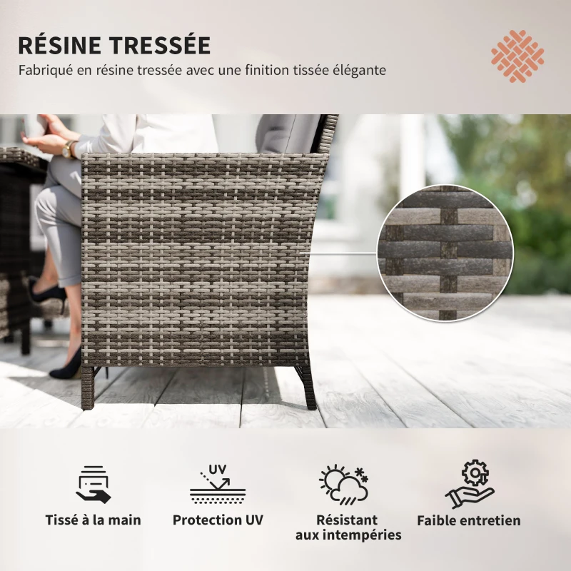 Outsunny Ensemble salon de jardin 8 personnes grand confort 3 canapés d'angle + 2 poufs + table à manger 12 coussins assise & dossier fournis polyester écru résine tressée gris