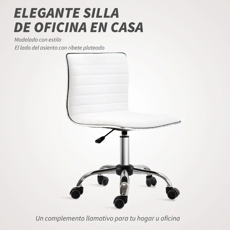 HOMCOM Silla de Escritorio sin Brazos Giratoria con Altura Ajustable Silla para Estudio Tapizada en PU Carga 120 kg Blanco