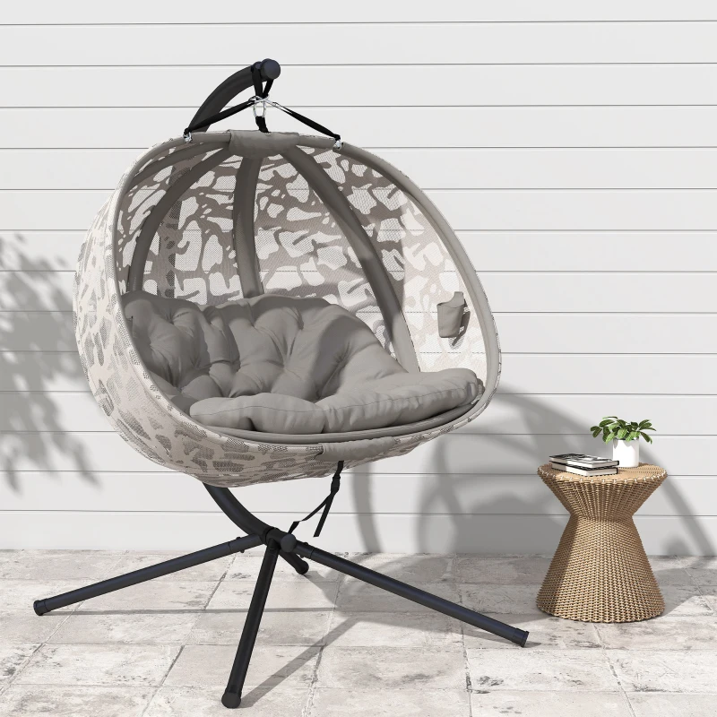 Outsunny Poltrona Sospesa 2 Posti con 2 Tasche, 2 Cuscini e Cesto Pieghevole, 130x103x172 cm