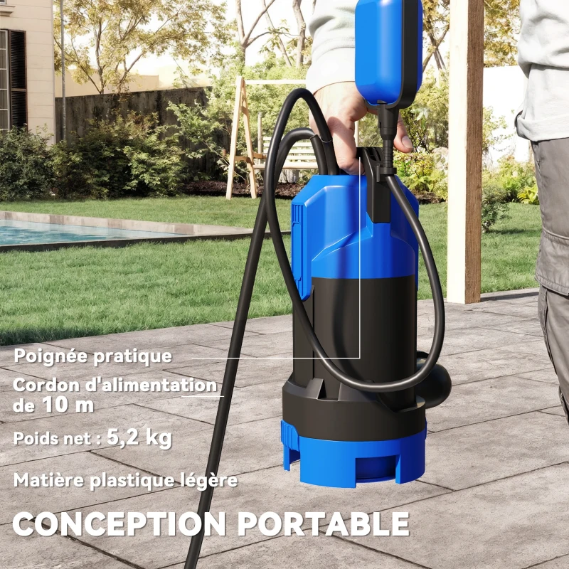 Outsunny Pompe d'évacuation eaux chargées/propres débit 20000L/H 750W profondeur max. 7m interrupteur à flotteur 17x16x36cm noir