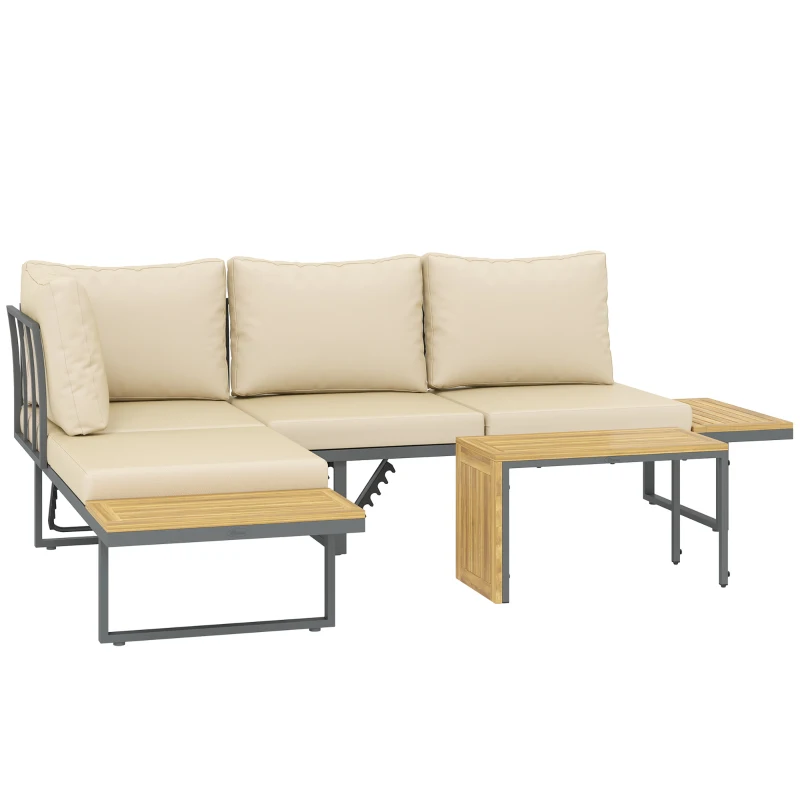 Outsunny Conjunto de Sofás de Exterior Modular de Acero y Madera de Acacia con Mesa Auxiliar y Cojines Extraíbles