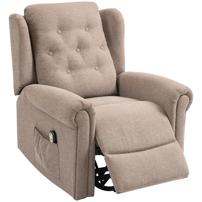 HOMCOM Poltrona Relax Reclinável Elétrica Poltrona Elevatória com Encosto Alto Capitonê Controlo Remoto 85x91x103 cm Marrom Claro