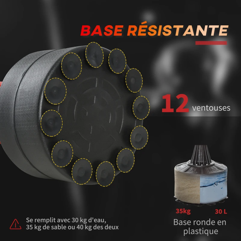 HOMCOM Sac de frappe sur pieds punching ball brunier 3 en 1 avec ballon de vitesse bras flexible rotatif hauteur réglable revêtement synthétique base HDPE dim. 88L x 48l x 155-205H cm noir rouge