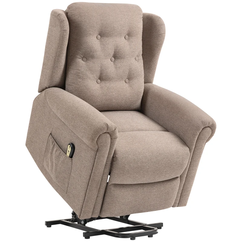 HOMCOM Poltrona Relax Reclinável Elétrica Poltrona Elevatória com Encosto Alto Capitonê Controlo Remoto 85x91x103 cm Marrom Claro