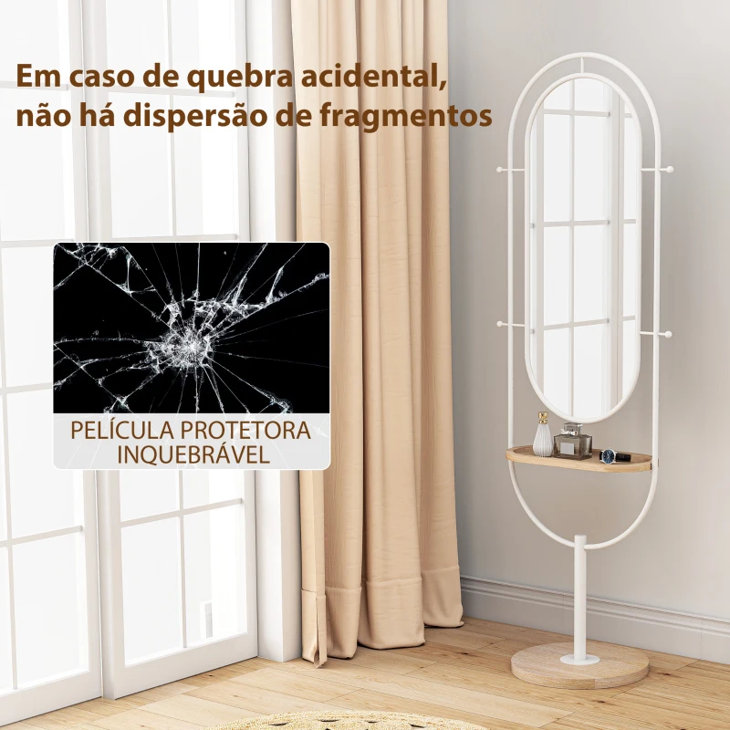HOMCOM Espelho de Pé 50x175,5 cm Espelho de Corpo Inteiro com Bandeja de Madeira 4 Ganchos e Estrutura de Metal 50x40x175,5 cm Branco