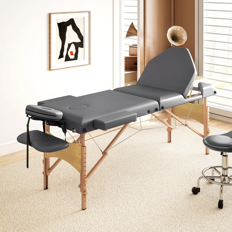 HOMCOM Marquesa de Massagem Dobrável Portátil com Altura Ajustável Apoio de Cabeça Apoios de Braço Acolchoados 215x60x64-89 cm Cinza