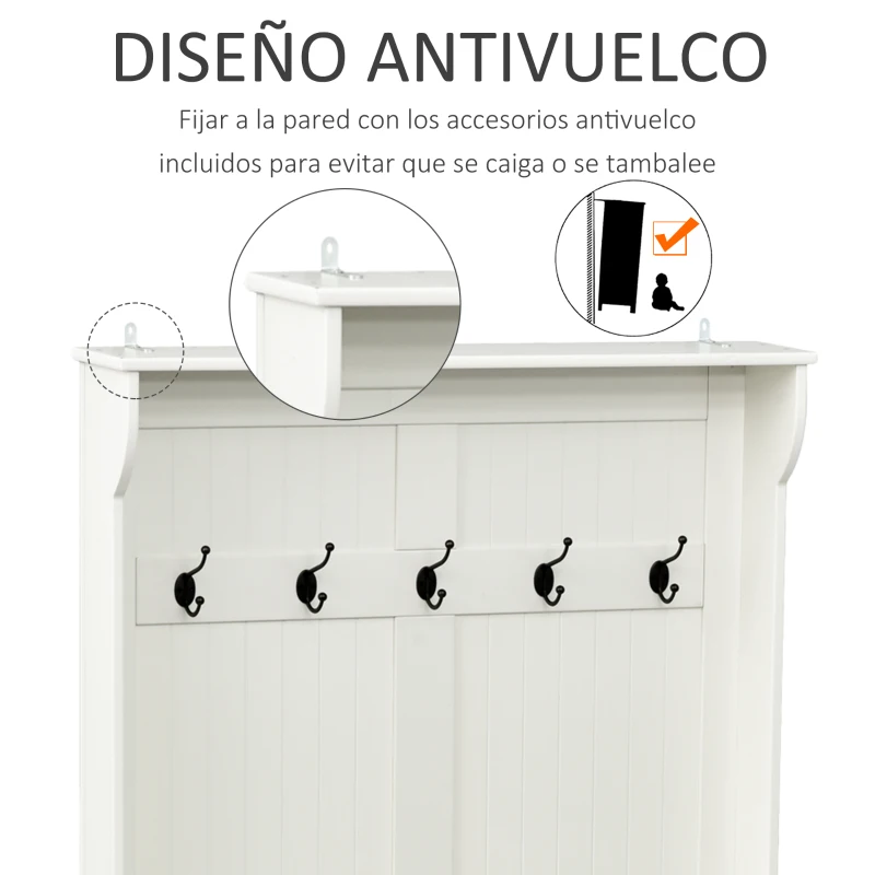 HOMCOM Perchero con Zapatero Perchero con Banco Perchero Recibidor con 5 Ganchos y Espacio de Almacenaje 96x34x179,7 cm Marfil