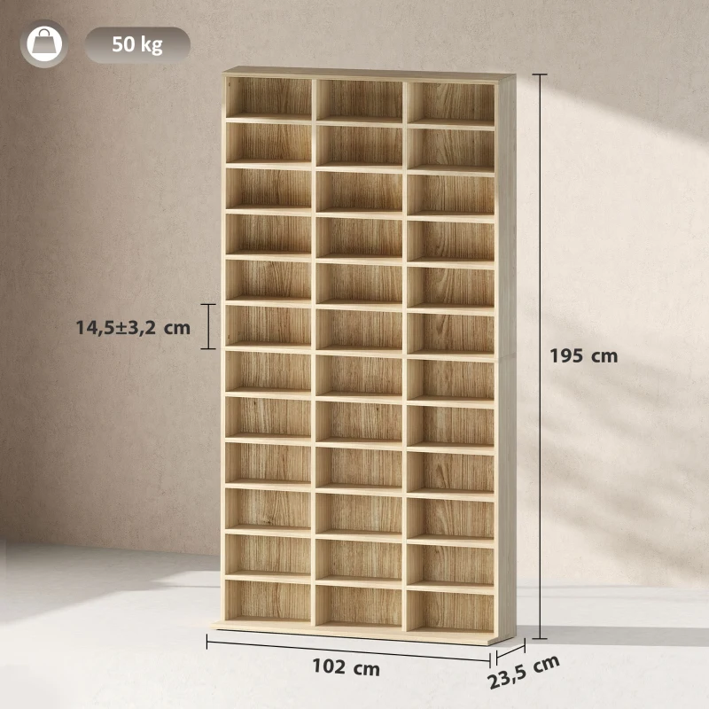 HOMCOM Almacenamiento para CD y DVD, biblioteca estantería almacenamiento 1116 CD/528 DVD, 36 compartimentos y estantes ajustables, roble