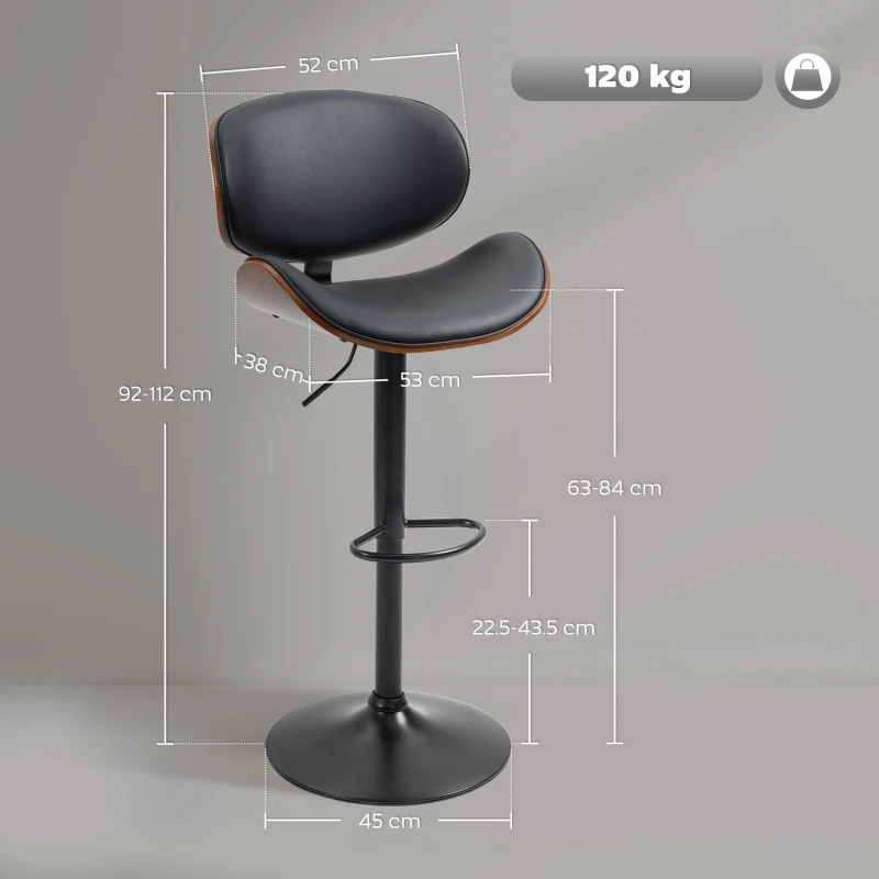 HOMCOM Set 2 Sgabelli da Bar con Schienale Regolabili in Altezza, Legno e Finta Pelle, 53x52x92-112 cm, Nero