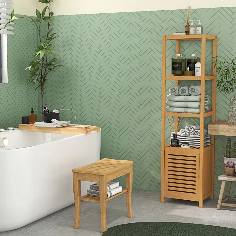 HOMCOM Tabouret de Salle de Bain en Bambou avec Étagère Banquette de Bain Imperméable et Robuste pour Salon SPA 47,5x26x44,5 cm Naturel