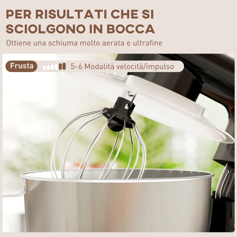 HOMCOM Impastatrice Planetaria da 4.5L a 6 Velocità in Acciaio Inox, Plastica e Alluminio, 35x22x29 cm, Nero e Argento