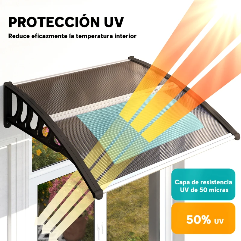 Outsunny Marquesina Exterior para Puertas y Ventanas 103x96,5x27 cm Tejadillo de Protección contra Sol y Lluvia con Soporte Aleación de Aluminio Policarbonato Marrón Translúcido