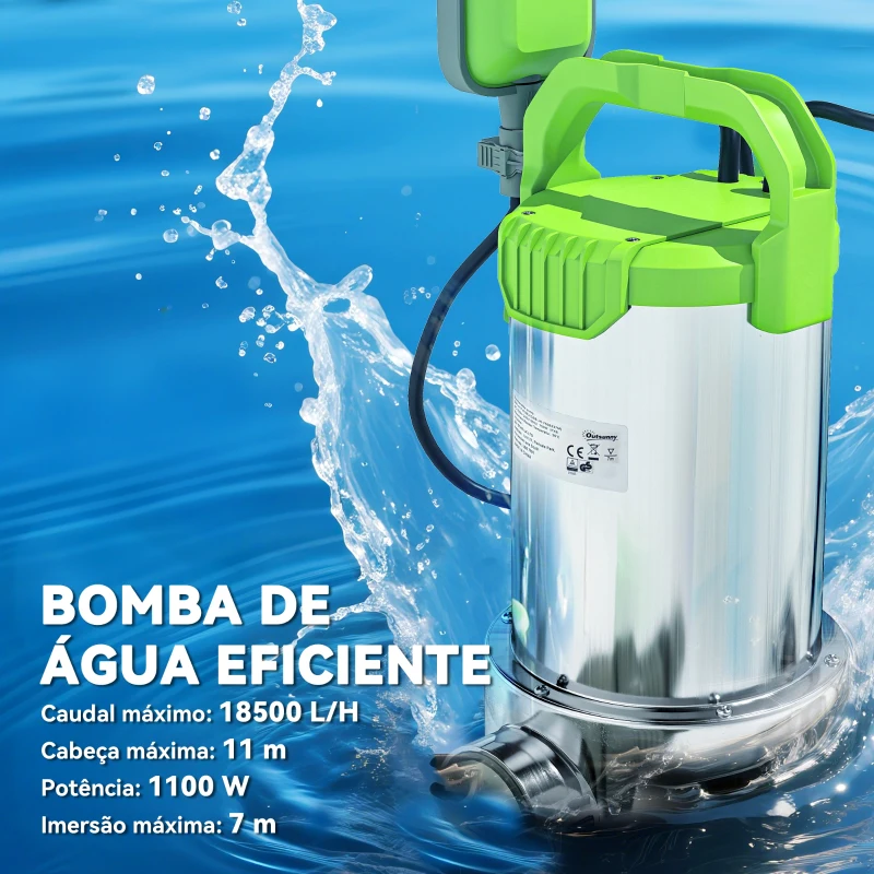 Outsunny Bomba Submersível de Águas Residuais 1100W com Capacidade de 18000 l/h e Interruptor de Flutuador 16x15x40 cm Prata