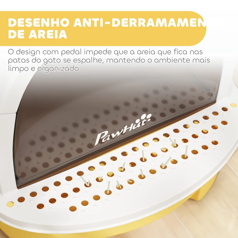 PawHut Caixa de Areia para Gatos Fechada com Tampa e Bandeja Amovíveis Filtro de Carvão e Pá 40,5x52x39 cm Branco e Amarelo