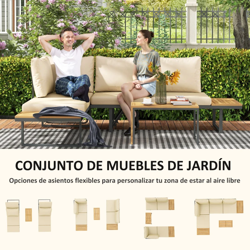 Outsunny Conjunto de Sofás de Exterior Modular de Acero y Madera de Acacia con Mesa Auxiliar y Cojines Extraíbles