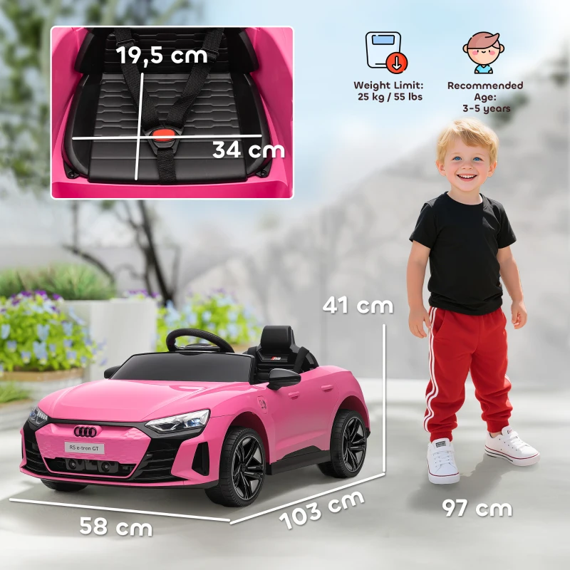 HOMCOM Carro Elétrico AUDI RS E-Tron GT 12V com 2 Motores Faróis LED Buzina Música USB 3-5km/h 103x58x41 cm Rosa