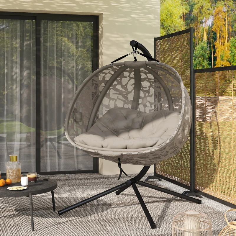 Outsunny Poltrona Sospesa 2 Posti con 2 Tasche, 2 Cuscini e Cesto Pieghevole, 130x103x172 cm