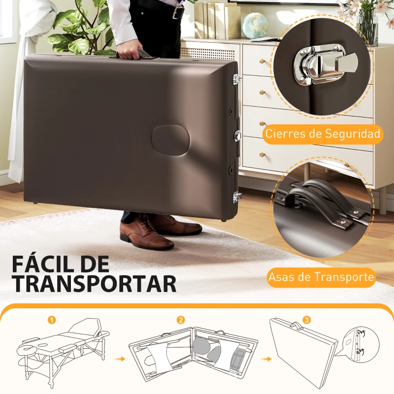 HOMCOM Camilla Masaje Plegable de Madera de 3 Zonas con Altura Respaldo Reposacabezas Ajustables Brazos 215x60x64-89 cm Marrón