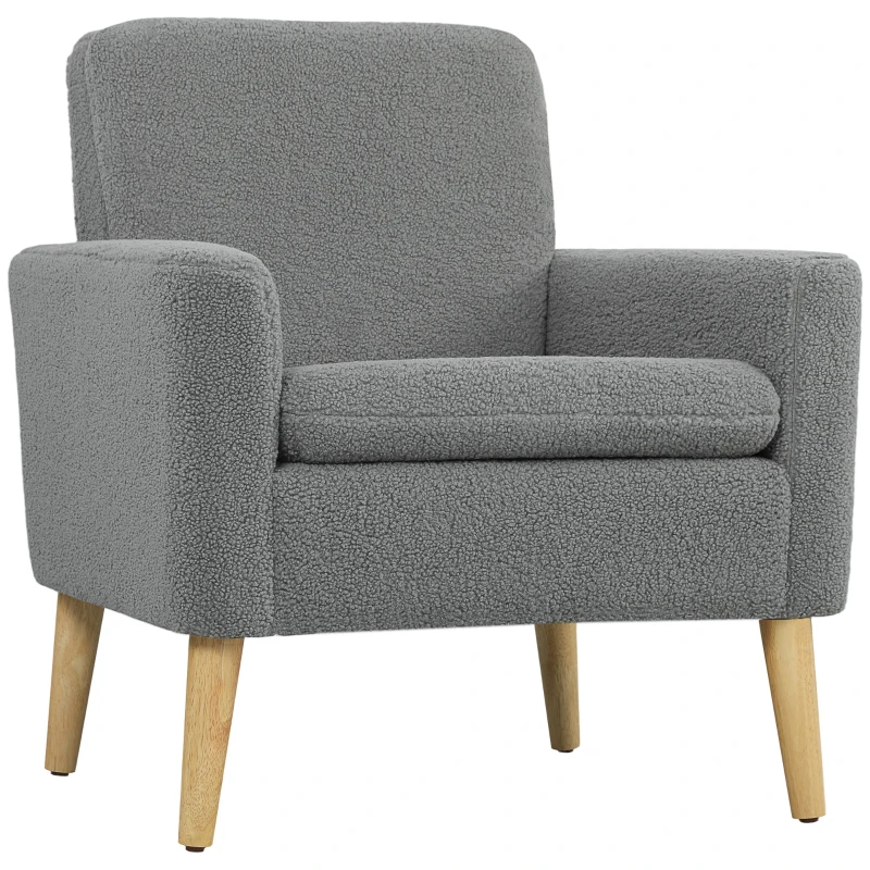 HOMCOM Armchair, Upholstered Accent Chair with Wood Legs and Wide Padded Seat, Teddy Occasional Chair, Grey