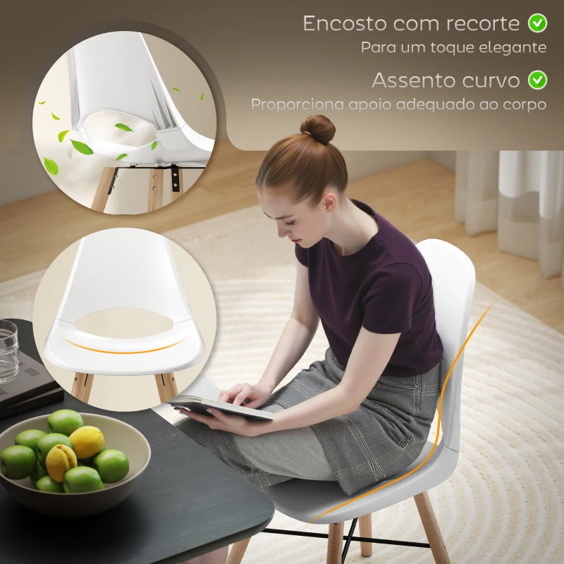 HOMCOM Conjunto de 2 Cadeiras de Jantar de Plástico Cadeiras de Cozinha Modernas com Encosto Curvado  47x49x84 cm Branco