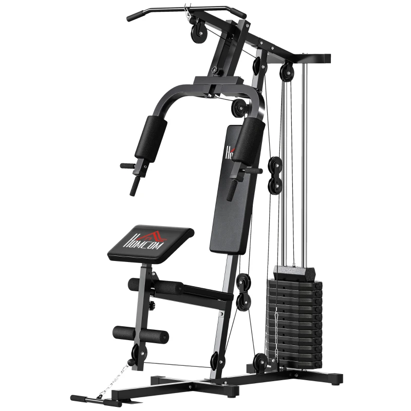 HOMCOM Stație de Fitness pentru Antrenament Acasă cu Scaun și Spătar, Sală de Sport Multifuncțională, 135x103x210 cm, Negru