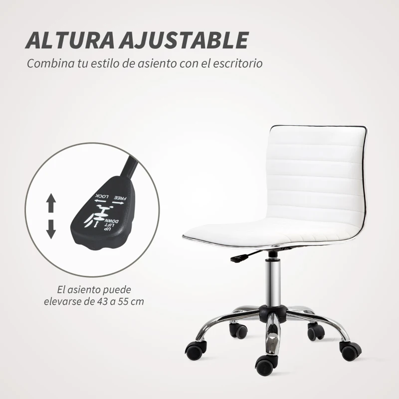 HOMCOM Silla de Escritorio sin Brazos Giratoria con Altura Ajustable Silla para Estudio Tapizada en PU Carga 120 kg Blanco