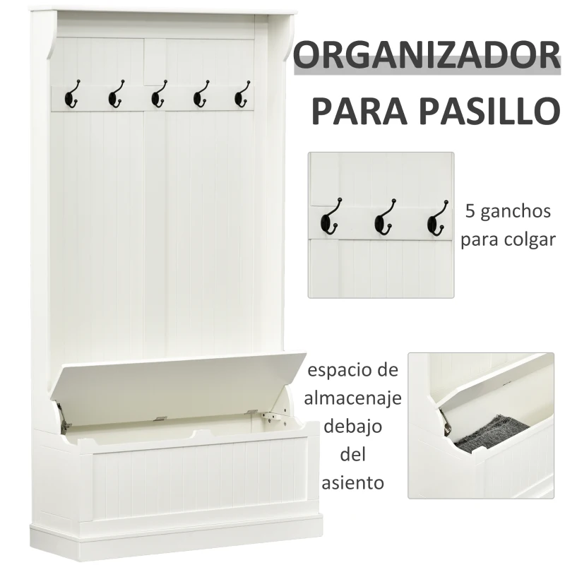 HOMCOM Perchero con Zapatero Perchero con Banco Perchero Recibidor con 5 Ganchos y Espacio de Almacenaje 96x34x179,7 cm Marfil
