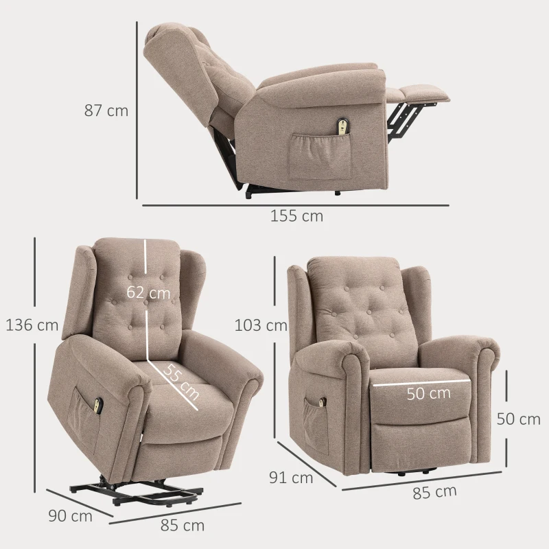 HOMCOM Poltrona Relax Reclinável Elétrica Poltrona Elevatória com Encosto Alto Capitonê Controlo Remoto 85x91x103 cm Marrom Claro