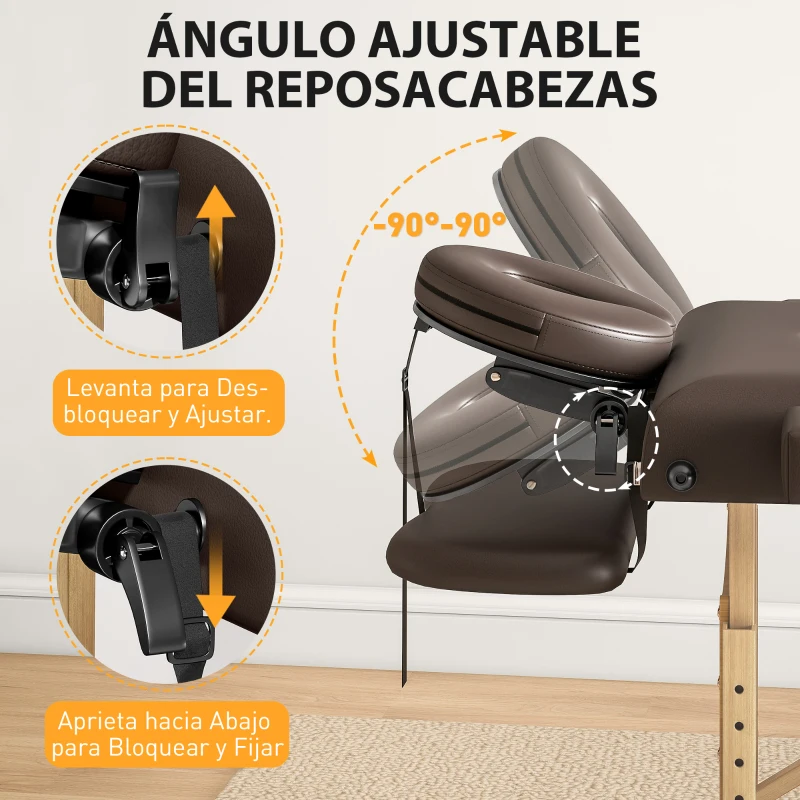 HOMCOM Camilla Masaje Plegable de Madera de 3 Zonas con Altura Respaldo Reposacabezas Ajustables Brazos 215x60x64-89 cm Marrón