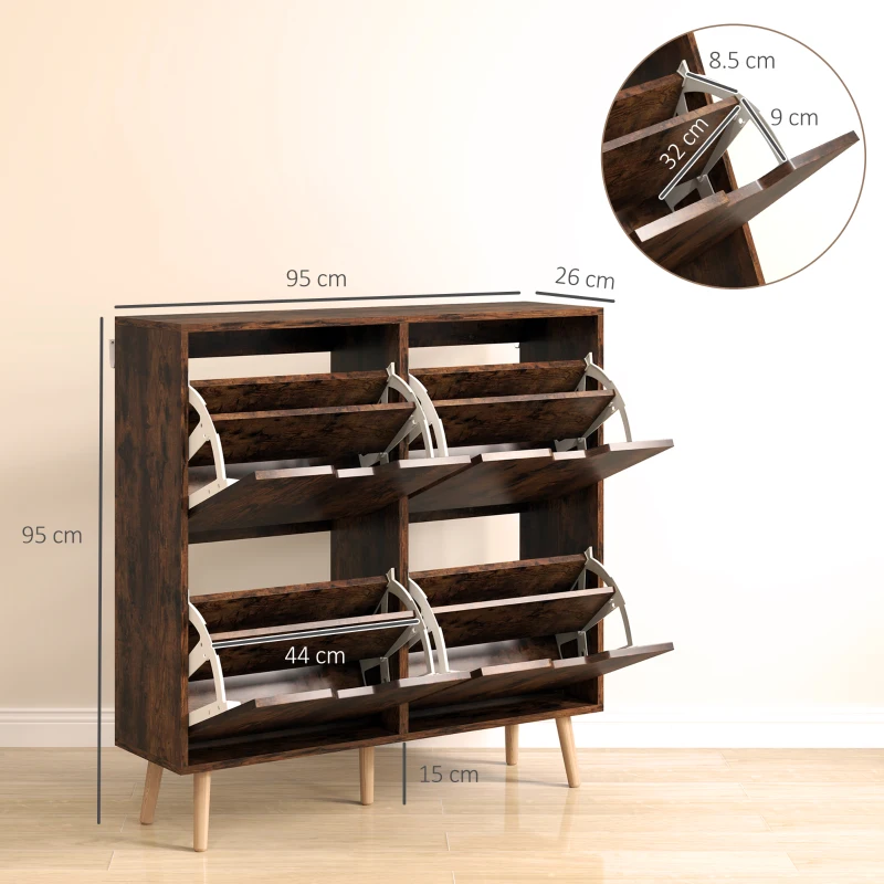 HOMCOM Pantofar cu 4 Sertare Rabatabile pe 2 Niveluri pentru 16 Perechi de Pantofi, 95x26x95 cm, Maro