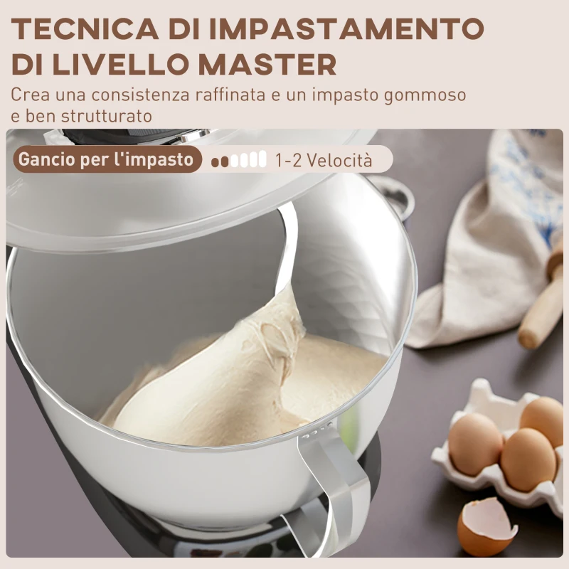HOMCOM Impastatrice Planetaria da 4.5L a 6 Velocità in Acciaio Inox, Plastica e Alluminio, 35x22x29 cm, Nero e Argento