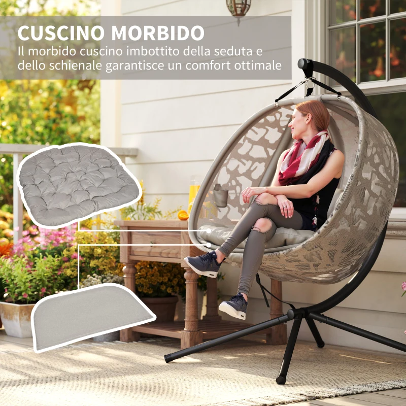 Outsunny Poltrona Sospesa 2 Posti con 2 Tasche, 2 Cuscini e Cesto Pieghevole, 130x103x172 cm