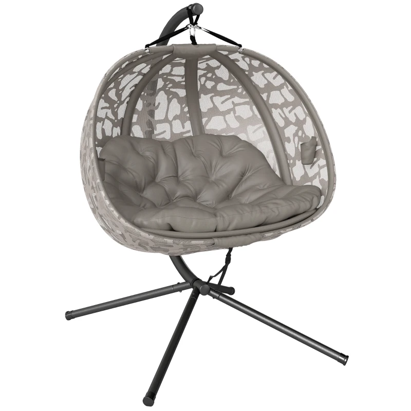 Outsunny Poltrona Sospesa 2 Posti con 2 Tasche, 2 Cuscini e Cesto Pieghevole, 130x103x172 cm