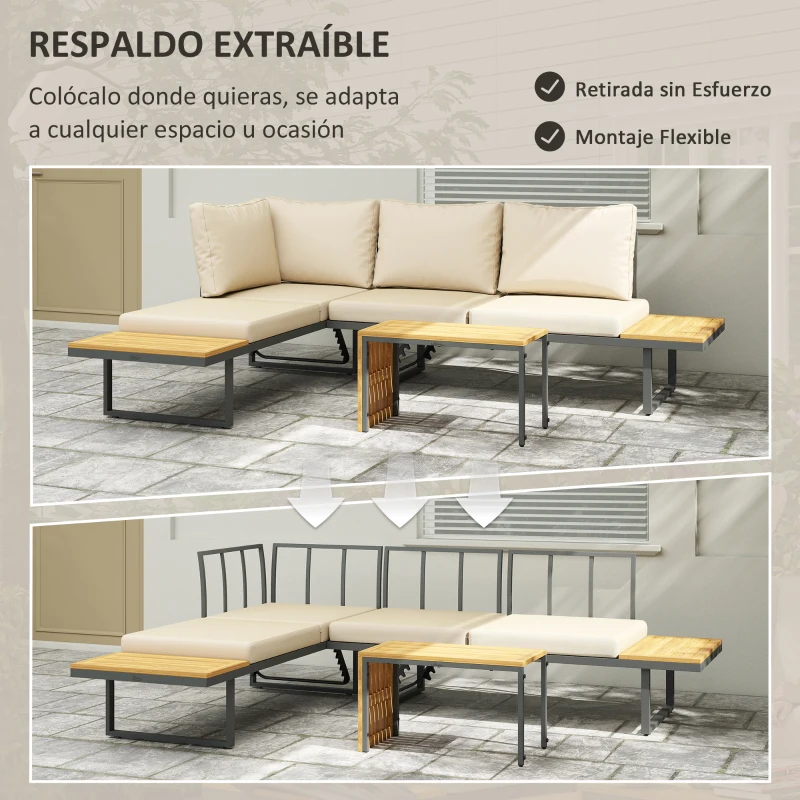Outsunny Conjunto de Sofás de Exterior Modular de Acero y Madera de Acacia con Mesa Auxiliar y Cojines Extraíbles