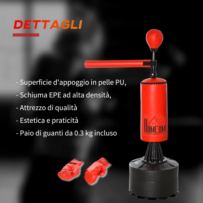 HOMCOM Sacco da Boxe ad Altezza Regolabile con Punching Ball e Base Riempibile, 88x48x155-205 cm, Rosso e Nero