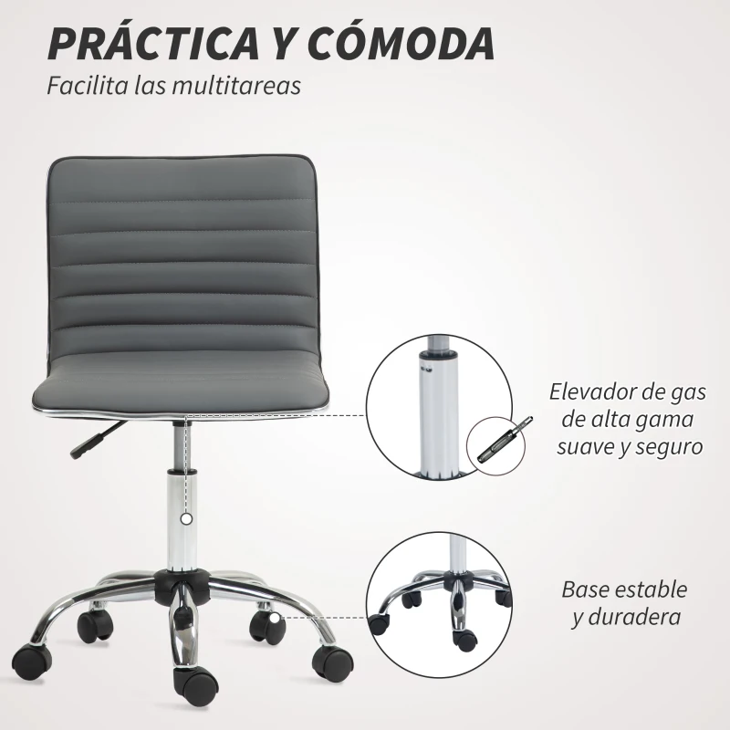 HOMCOM Silla de Escritorio sin Brazos Giratoria con Altura Ajustable Silla para Estudio Tapizada en PU Carga 120 kg Gris Oscuro