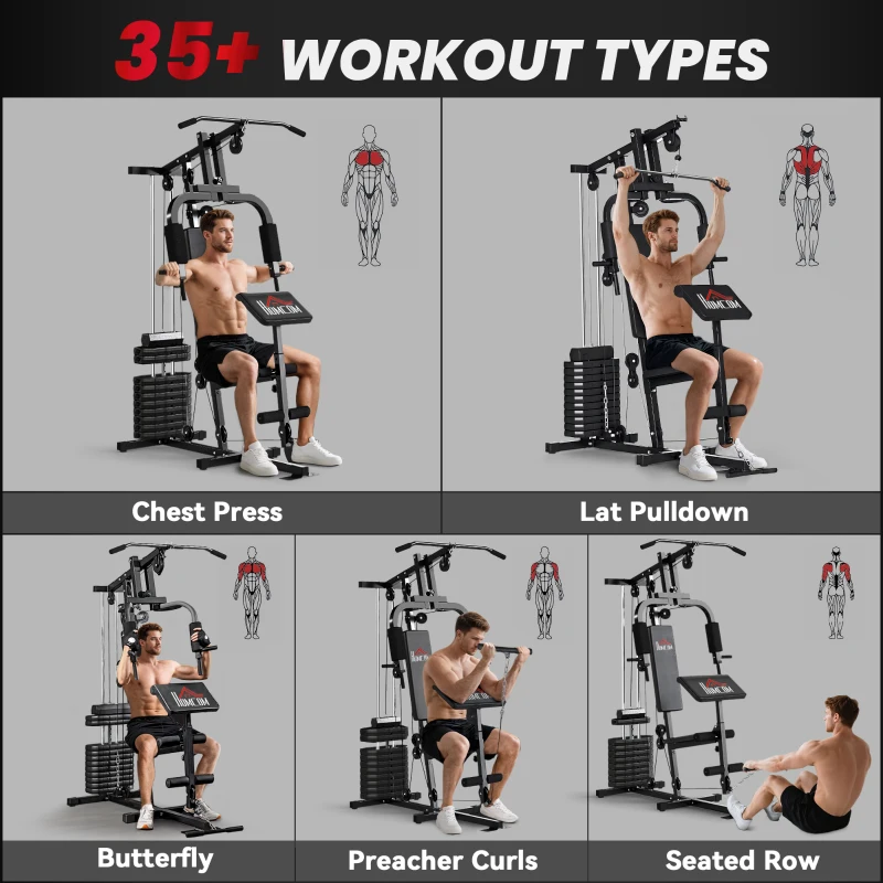 HOMCOM Stație de Fitness pentru Antrenament Acasă cu Scaun și Spătar, Sală de Sport Multifuncțională, 135x103x210 cm, Negru