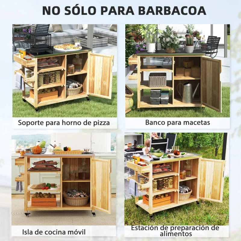 Outsunny Carrito de Parrilla de Madera con 4 Ruedas Estantes Armario y Encimera de Acero Inoxidable 134,5x50x91,5 cm Natural
