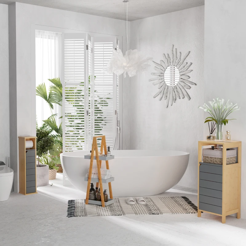 kleankin Estantería de Baño de Bambú con 3 Estantes Estantería de Madera en Forma de A 30x18x81 cm Natural y Gris