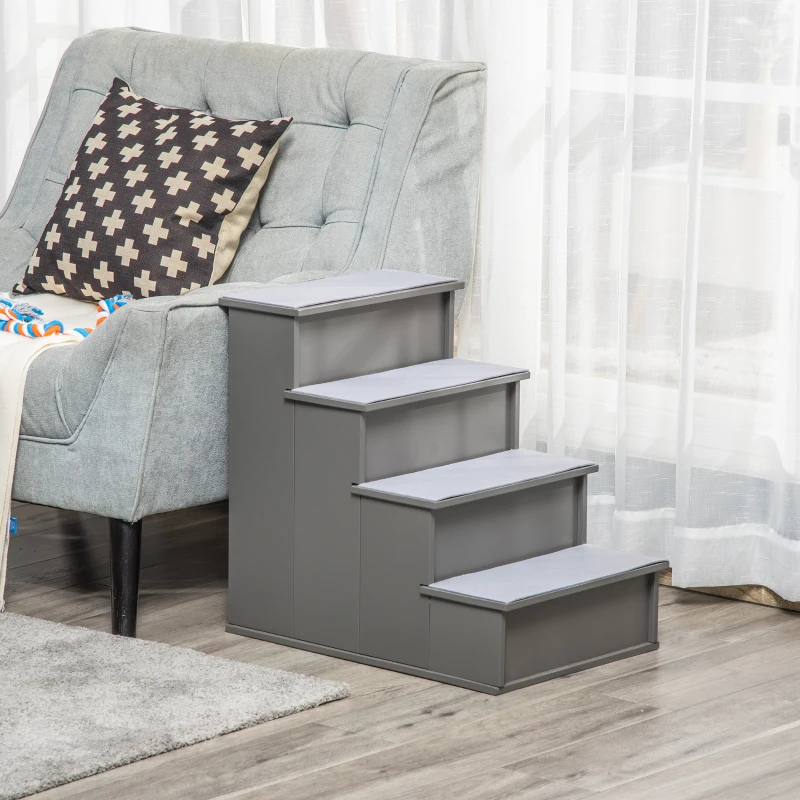 PawHut Haustiertreppe, für Hunde/Katzen, 4-stufig, Kurzplüsch, bis 30 kg, 40 x 59 x 54,2 cm, Grau(m-2)