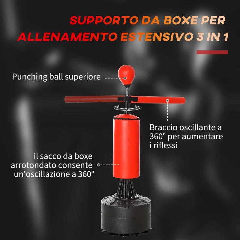 HOMCOM Sacco da Boxe ad Altezza Regolabile con Punching Ball e Base Riempibile, 88x48x155-205 cm, Rosso e Nero