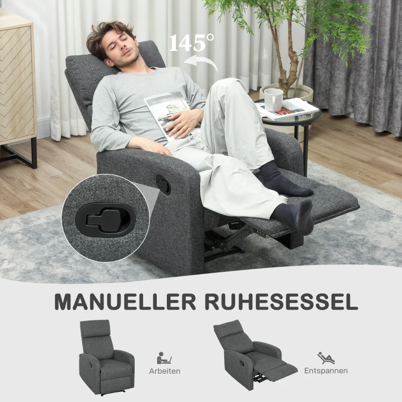 HOMCOM Relaxfauteuil, verstelbare ligstoel met aanpasbare voetensteun, moderne woonkamerstoel met stoffen bekleding, Grijs(m-4)
