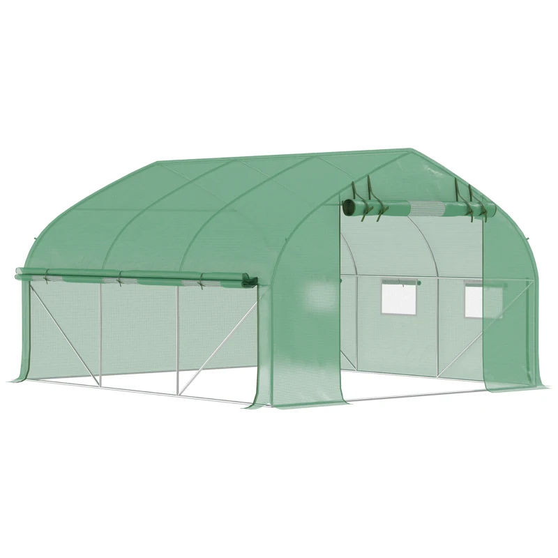 Outsunny Invernadero de Túnel 347x300x200 cm Invernadero de Jardín con Puerta y 6 Ventanas Estructura de Acero Galvanizado Verde
