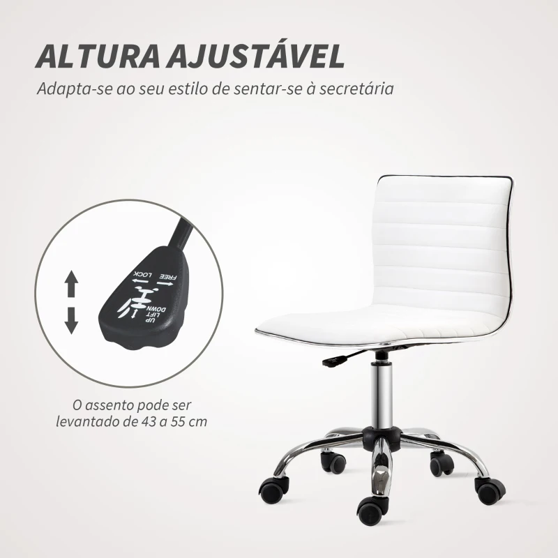 HOMCOM Cadeira de Escritório sem Apoio para os Braços Cadeira de Escritório Giratória com Altura Ajustável 48x52x78-90 cm Branco