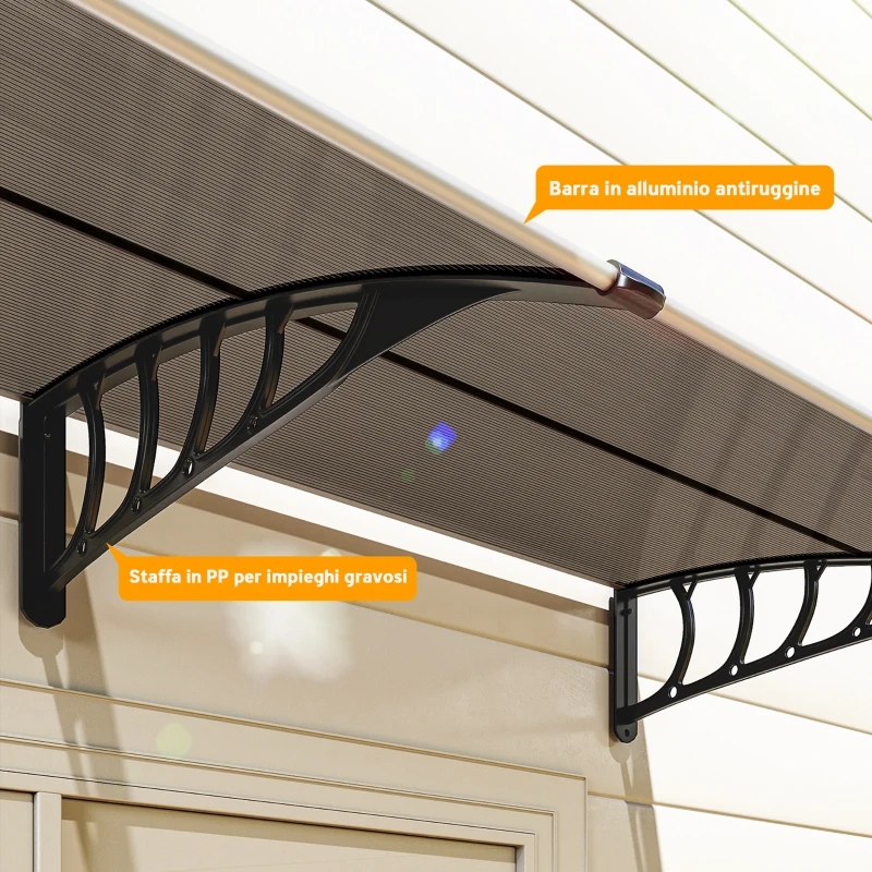 Outsunny Pensilina da Esterno per Finestre e Porte, in Policarbonato e Alluminio, 200x96x27cm, Marrone