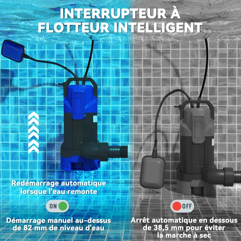 Outsunny Pompe d'évacuation eaux chargées/propres débit 20000L/H 750W profondeur max. 7m interrupteur à flotteur 17x16x36cm noir